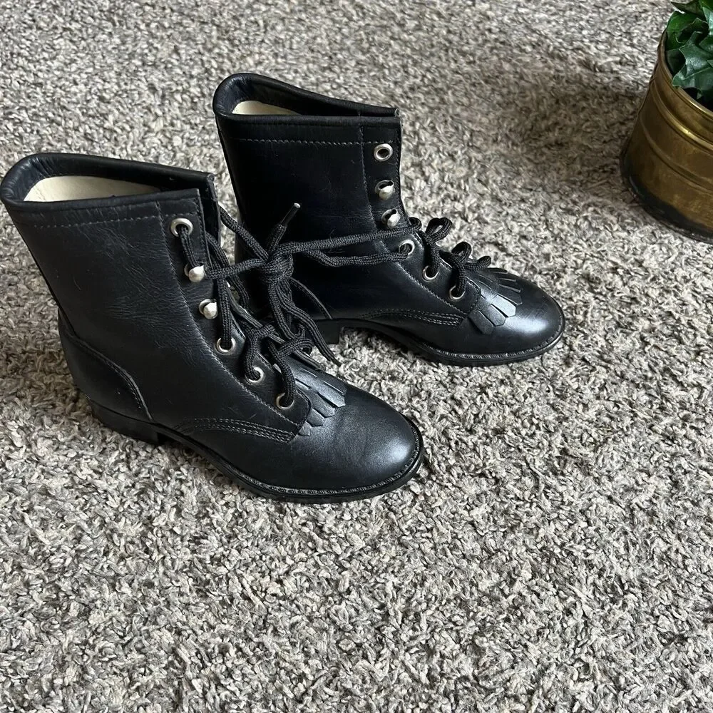 Vintage Kids Black Leather Western cowboy Boots Size 10.5 kiltie Lace Up new